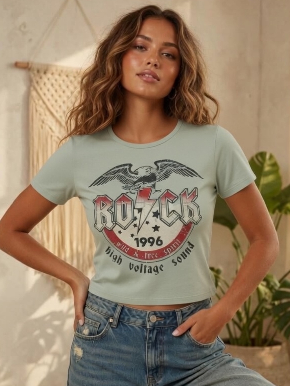 Women's Occasion Sage Green Rock 96' Graphic Crop Tee with Criss Cross Tie Back